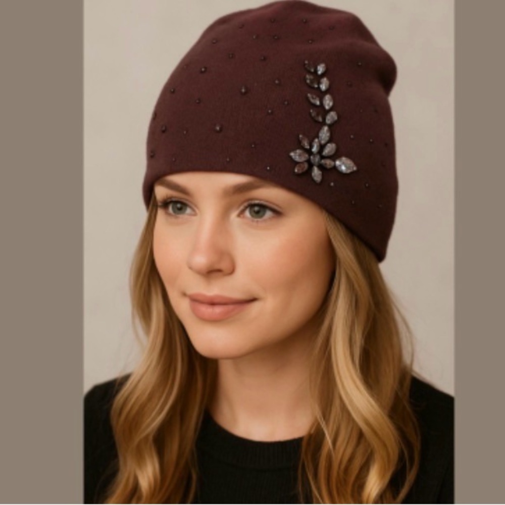 Wool blend  Burgundy Beanie with rhinestone Gem Details